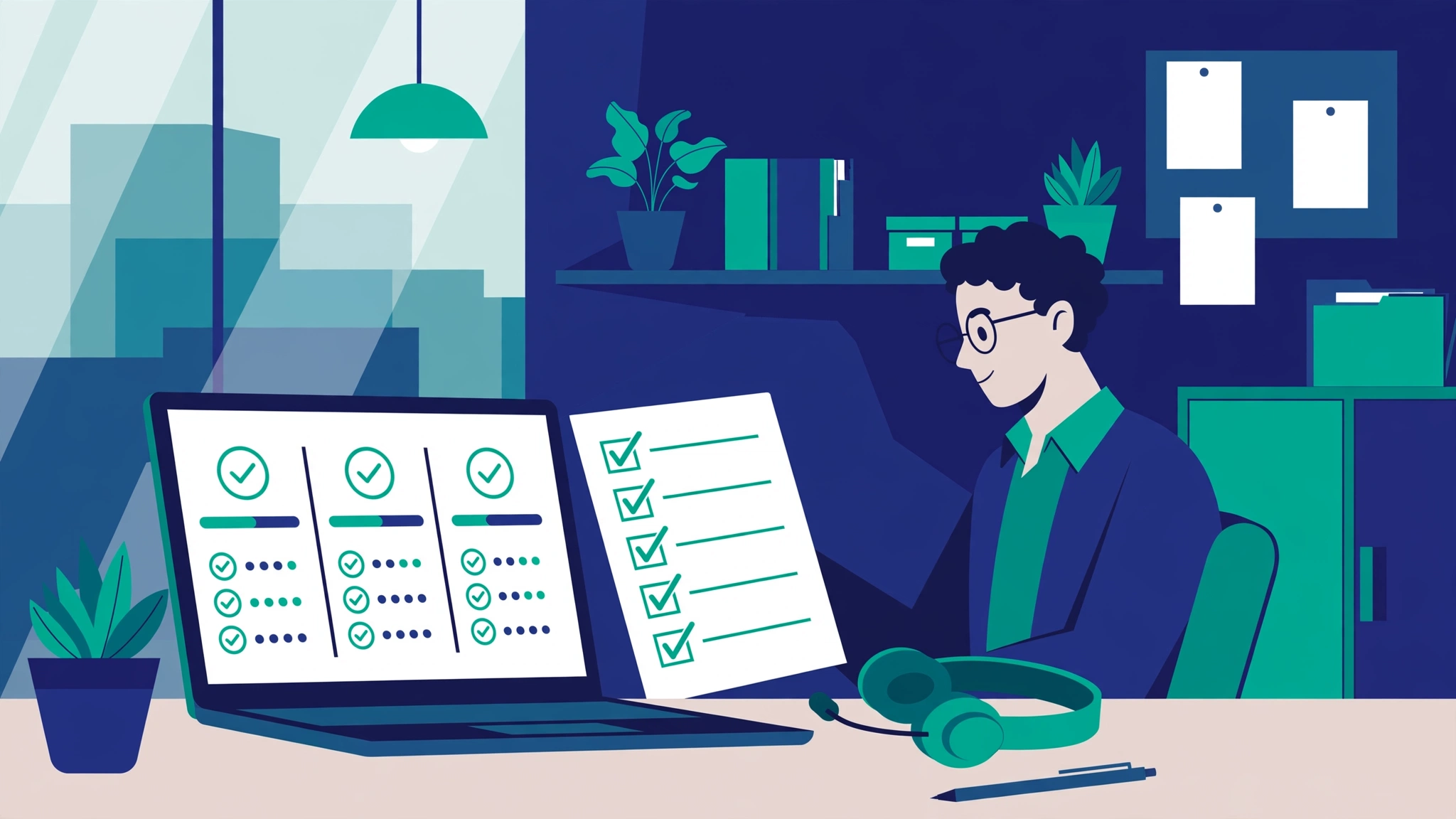 Business owner comparing call center outsourcing companies with a checklist