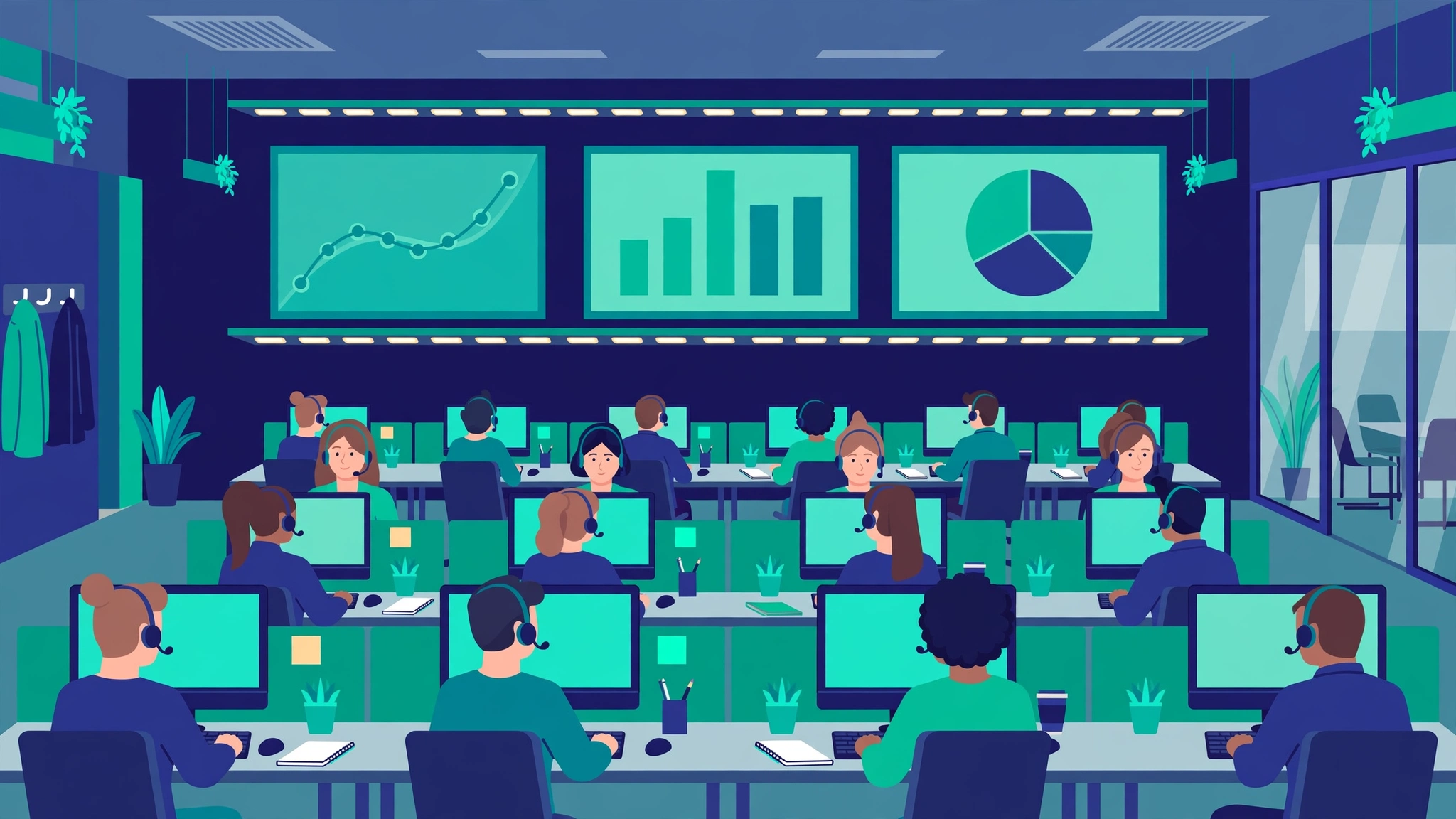 Call center team handling outsourced customer calls with live dashboards