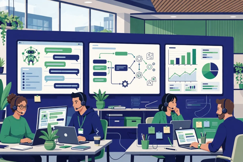 AI automation at work - support team monitoring automated workflows, AI chatbots and analytics dashboards