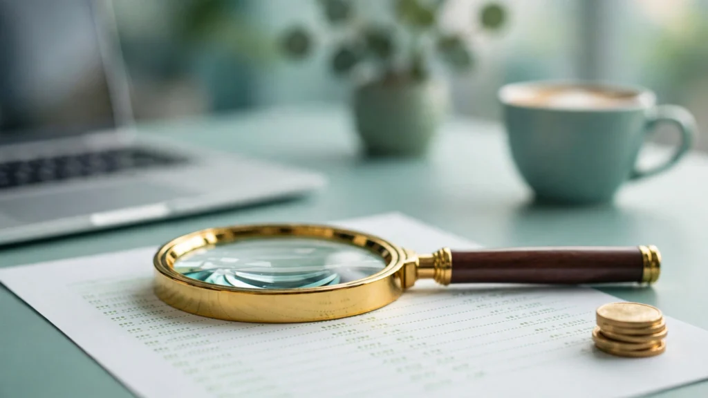 Magnifying glass over a price list and coins for SEO cost research