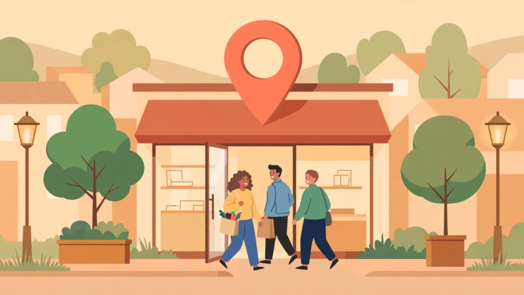 Neighbourhood storefront with a large map pin and customers walking in
