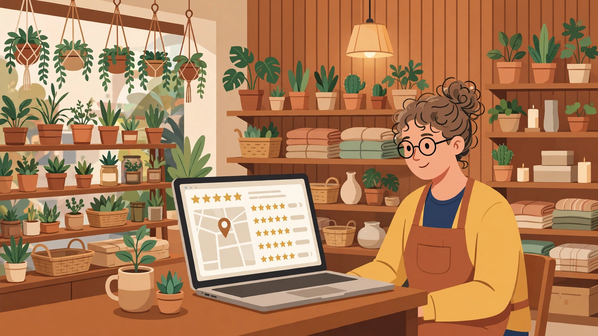 Small business owner checking customer reviews and map listing on a laptop