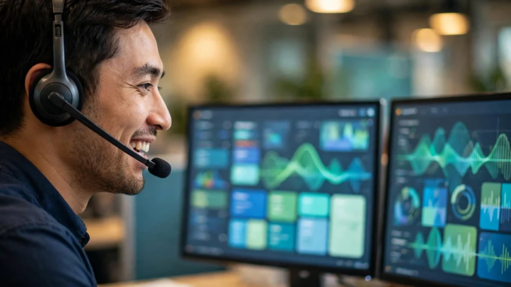 Call center agent talking to a customer through BPO dialer software