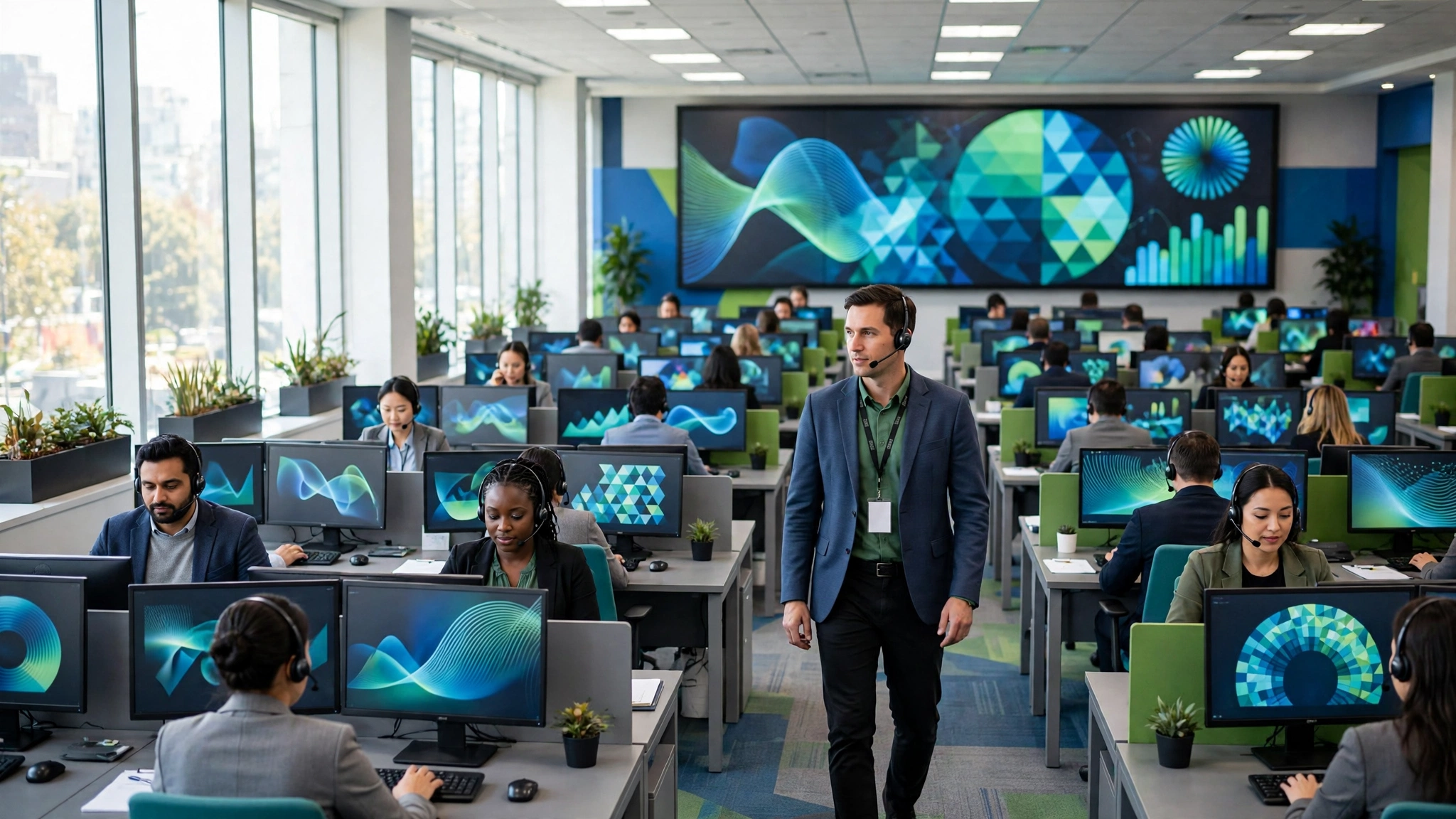 BPO call center floor with agents using dialer software across client campaigns