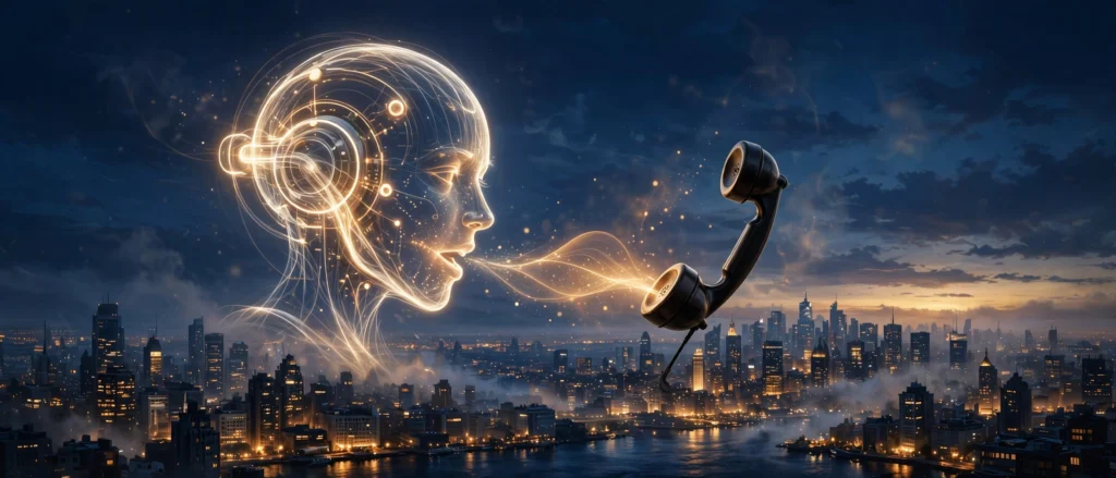 AI voice assistant speaking into a telephone over a city skyline
