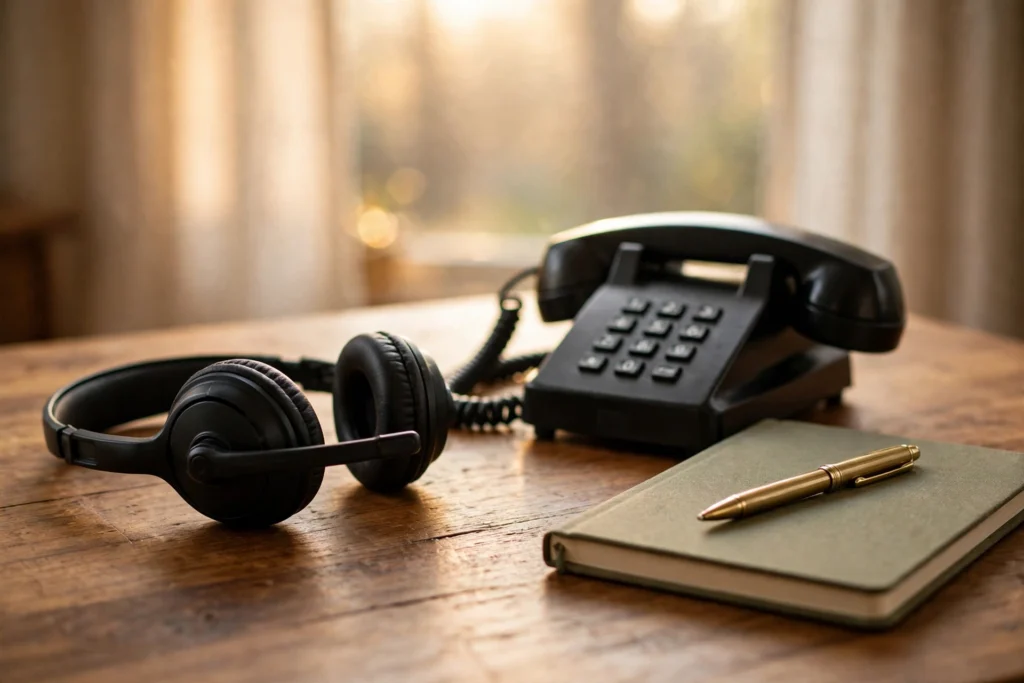 Call center desk with a phone and headset