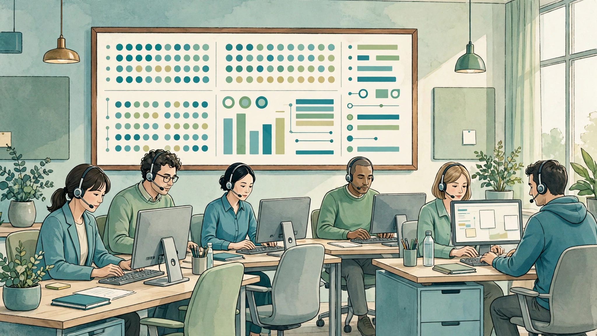 Small call center team working with headsets on a predictive dialer