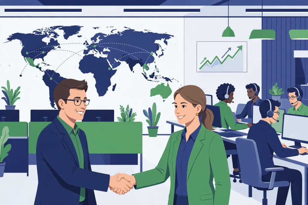 Call center outsourcing partnership - two professionals shaking hands in a global delivery office with agents working behind them