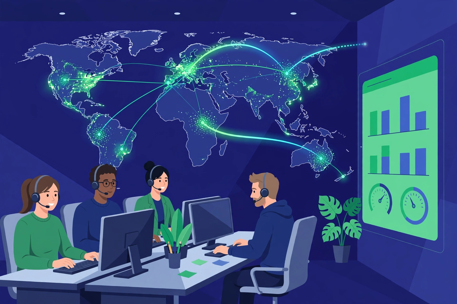 Call Center Outsourcing Cost: What You Will Actually Pay (And What Drives It) | Syntrivo Innovations Call center outsourcing - offshore team with headsets in front of a world map with global client connections and a cost dashboard
