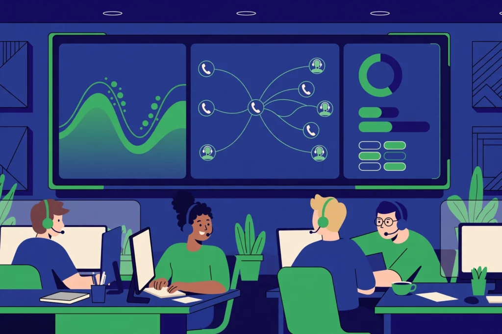 Predictive vs progressive dialer comparison - call center team with a dialer dashboard showing calls connecting to agents