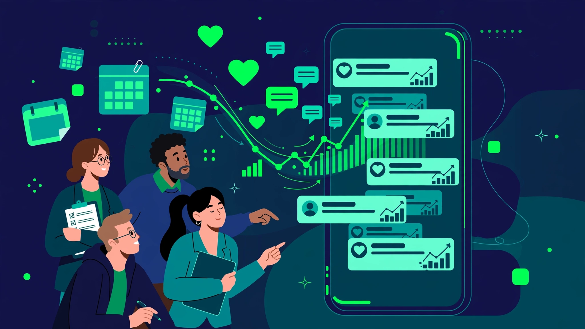 Social media services — content, engagement and growth illustration